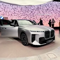Srebrne BMW serii 7 z otwartymi drzwiami na tle ekranu z ptakami.