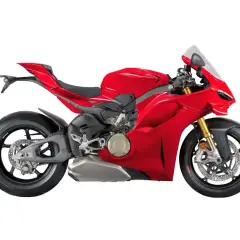 Czerwony motocykl Ducati Panigale V4, gotowy do wyścigu, z ostrymi liniami i sportowym designem.