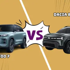 Jasnoniebieski Jaecoo 7 i ciemnoszary Dacia Bigster obok siebie, z napisem "VS" pośrodku.