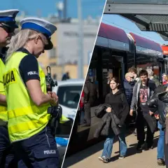Policjanci w kamizelkach odblaskowych i tłum ludzi na przystanku tramwajowym.