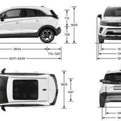 Opel Crossland: widok z boku, przodu, tyłu i z góry z wymiarami.