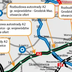 Mapa pokazuje rozbudowę autostrady A2 w okolicach Warszawy, Łowicza i Skierniewic.