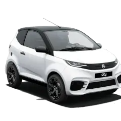 Białe Aixam auto z czarnym dachem i felgami, idealne do miejskich podróży.