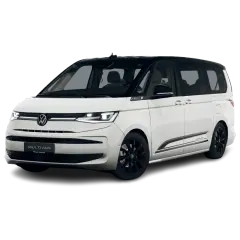 Biały Volkswagen Multivan T7 z czarnym dachem i felgami, na czarnym tle.