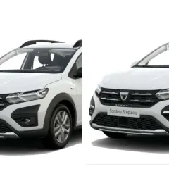Dwa białe samochody Dacia Sandero Stepway na białym tle, widok z przodu.