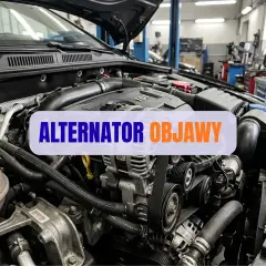 Silnik samochodu z widocznym alternatorem. Napis "ALTERNTOR OBJAWY" sugeruje problemy z tym elementem.