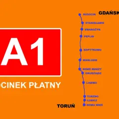 Mapa autostrady A1, odcinka płatnego, z zaznaczonymi miejscowościami od Torunia do Gdańska. To fragment autostrady bursztynowej.