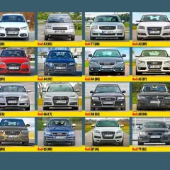 Szesnaście modeli samochodów Audi ustawionych w rzędach, każdy z opisem.