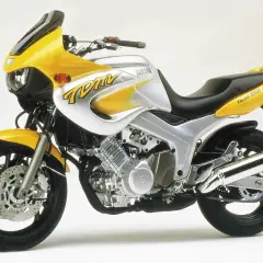 Żółto-srebrny motocykl Yamaha TDM 850 z charakterystycznym malowaniem "TDM" na baku. Gotowy na przygodę!