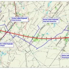 Mapa drogowa z zaznaczoną autostradą A1, granicami gmin i drogami.