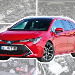 Czerwona Toyota Corolla kombi, nowszy model, z widocznym silnikiem w tle. Choć nie jest to model z 2005 roku, to pokazuje ewolucję tej popularnej Toyoty.