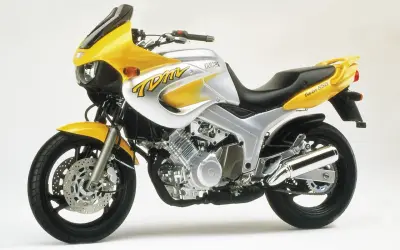 Żółto-srebrny motocykl Yamaha TDM 850 z charakterystycznym malowaniem "TDM" na baku. Gotowy na przygodę!