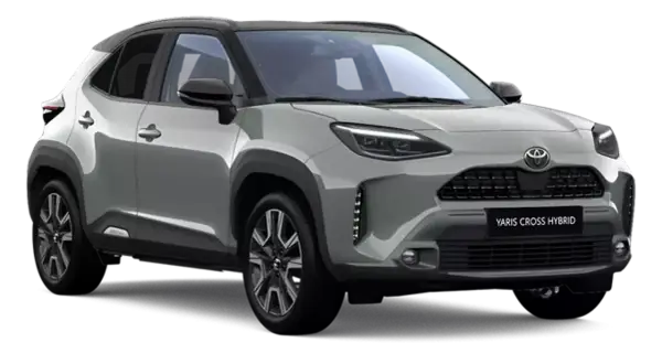 Srebrny Toyota Yaris Cross Hybrid 2025 z czarnym dachem, nowoczesnymi światłami i stylowymi felgami.