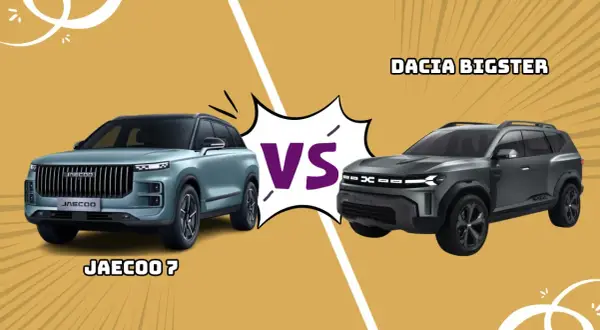 Jasnoniebieski Jaecoo 7 i ciemnoszary Dacia Bigster obok siebie, z napisem "VS" pośrodku.