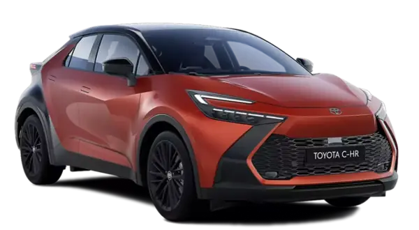 Nowy, pomarańczowy Toyota C-HR w wersji hybrydowej, z czarnym dachem i felgami, prezentuje futurystyczny design.