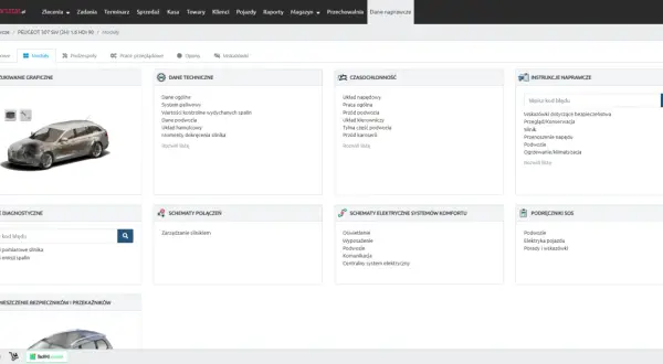 Panel z danymi technicznymi aut, zawierający moduły: Wyszukiwanie graficzne, Dane diagnostyczne, Dane techniczne, Czasochłonność, Instrukcje naprawcze, Schematy połączeń, Schematy elektryczne systemów komfortu, Podręczniki SOS.