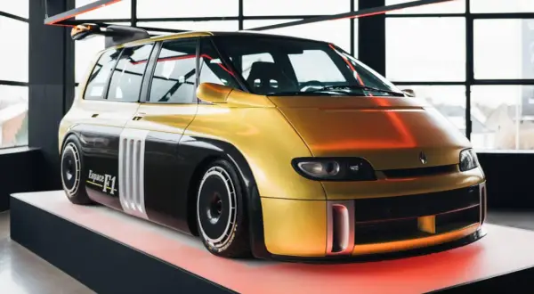 Złoty i czarny Renault Espace F1 z potężnym spojlerem, prezentowany na wystawie.