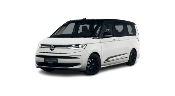 Biały Volkswagen Multivan T7 z czarnym dachem i felgami, na czarnym tle.
