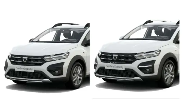 Dwa białe samochody Dacia Sandero Stepway na białym tle, widok z przodu.