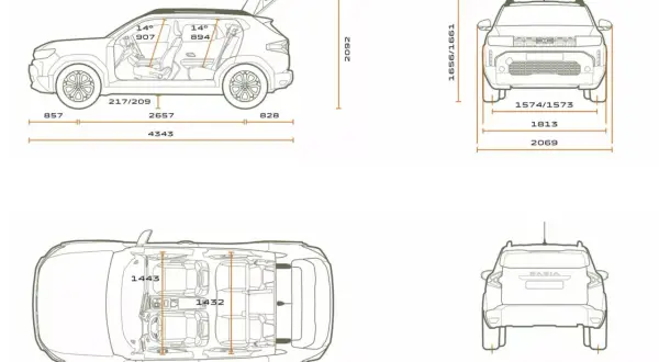 Dacia Duster wymiary: długość 4343 mm, szerokość 1813 mm, wysokość 1656/1661 mm. Widok z boku, przodu, tyłu i z góry.