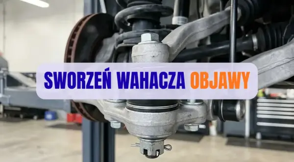 Widok na element zawieszenia samochodu. Widoczny sworzeń wahacza, sprężyna i tarcza hamulcowa. Napis "SWORZEŃ WAHACZA OBJAWY".