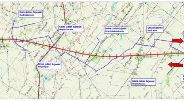 Mapa drogowa z zaznaczoną autostradą A1, granicami gmin i drogami.
