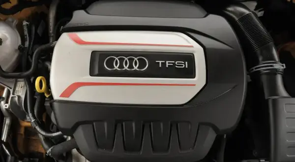 Silnik TFSI Audi z charakterystycznym logo i czerwonymi akcentami.