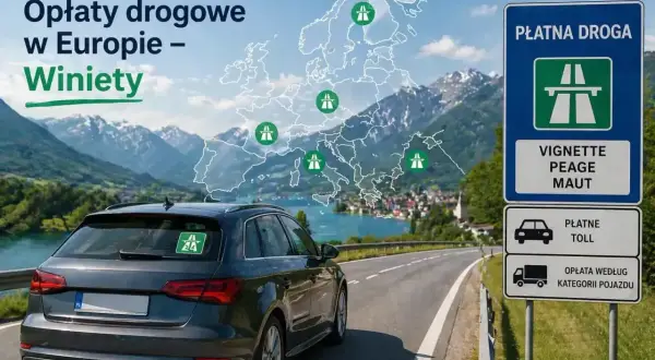 Samochód na drodze w górach, znak "Płatna droga" i mapa Europy z zaznaczonymi winietami.