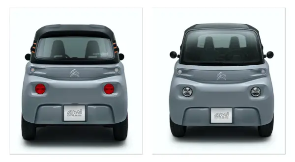 Dwa Citroëny Ami, jeden z tyłu, drugi z przodu. Kompaktowe, elektryczne auta miejskie.