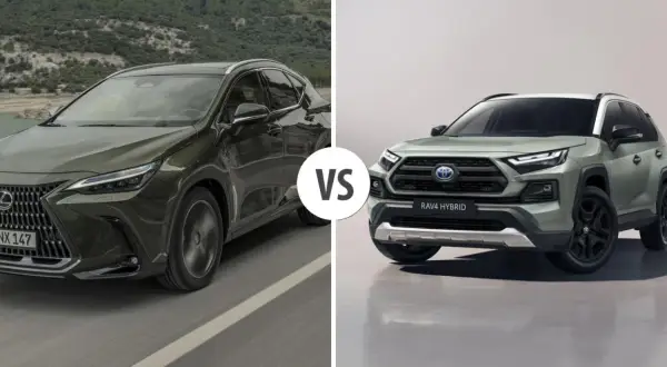 Dwa SUV-y: ciemnozielony Lexus NX i jasnozielony Toyota RAV4 Hybrid, z napisem "VS" pośrodku.