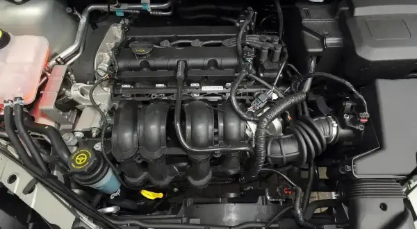 Silnik Ford Focus MK2 1.6 benzyna. Widoczne przewody, kolektor dolotowy i zbiornik płynu wspomagania.