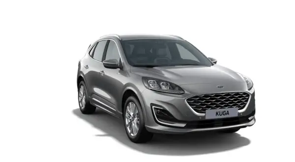 Szary Ford Kuga Vignale z przodu, na białym tle.