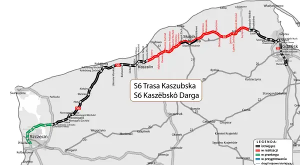 Mapa pokazuje przebieg drogi S6 Trasa Kaszubska, łączącej Świnoujście z Gdańskiem.