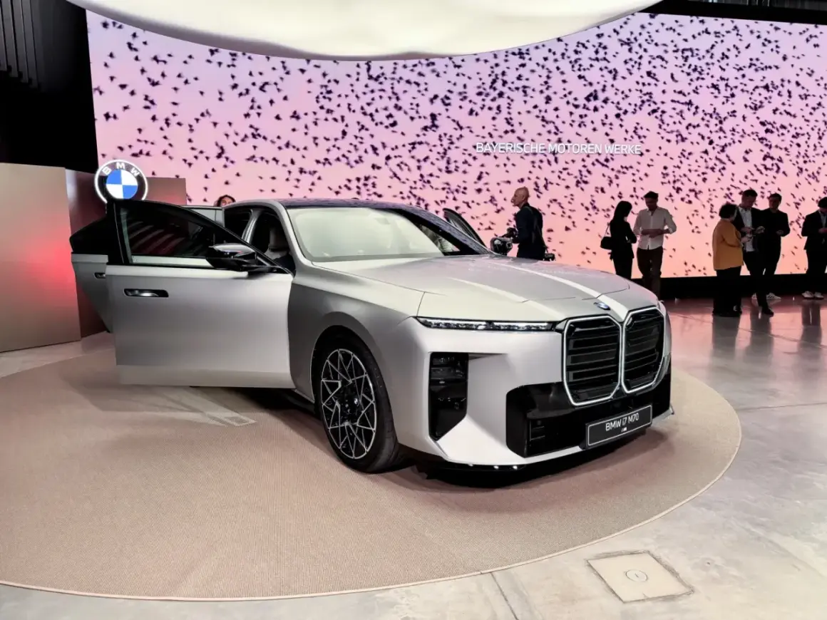 Srebrne BMW serii 7 z otwartymi drzwiami na tle ekranu z ptakami.