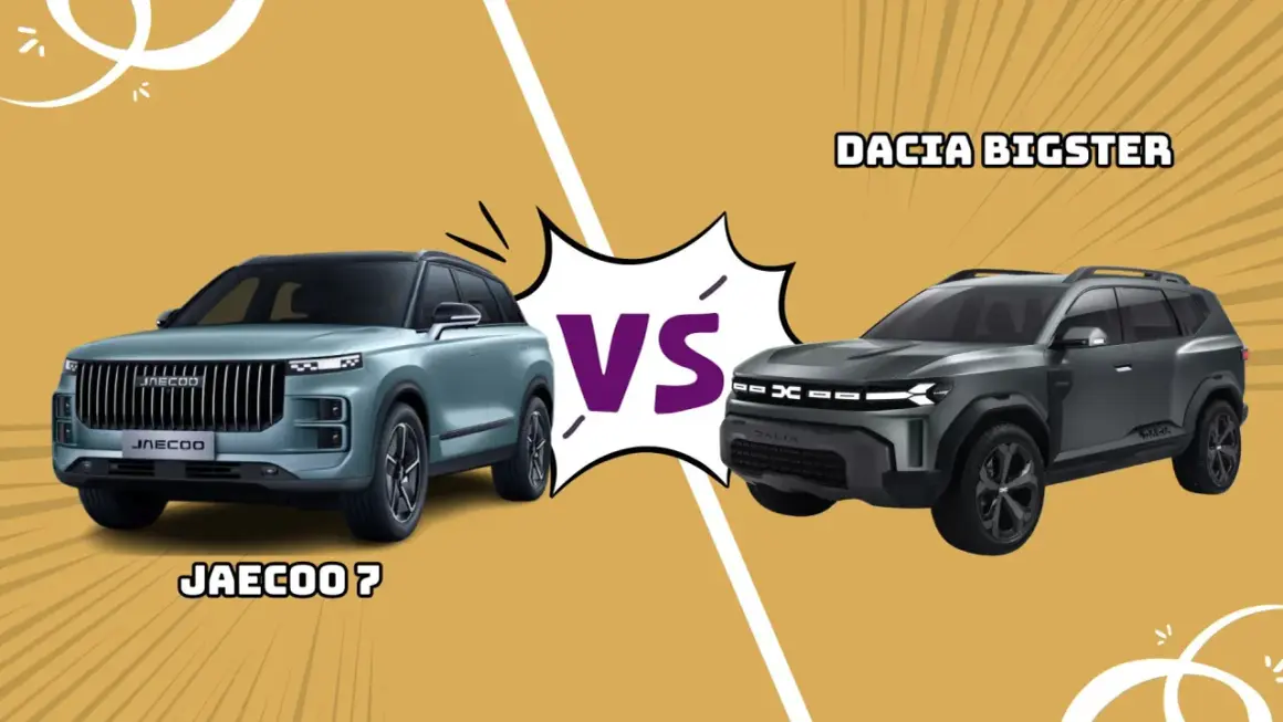 Jasnoniebieski Jaecoo 7 i ciemnoszary Dacia Bigster obok siebie, z napisem "VS" pośrodku.