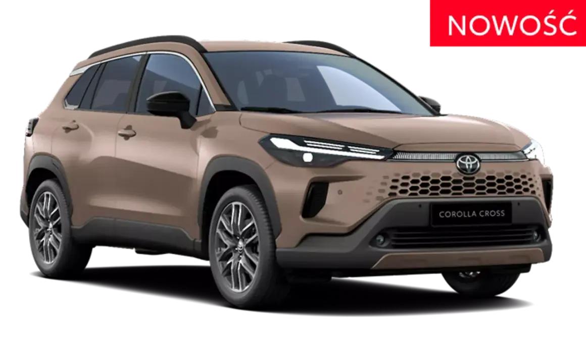 Nowy Toyota Yaris Cross w kolorze brązowym, z charakterystycznym grillem i nowoczesnymi światłami. Sprawdź jego wymiary!