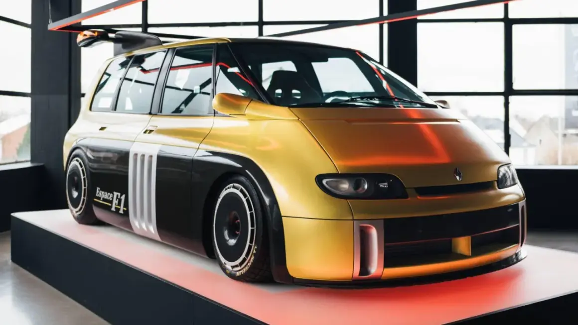 Złoty i czarny Renault Espace F1 z potężnym spojlerem, prezentowany na wystawie.