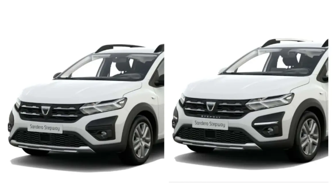 Dwa białe samochody Dacia Sandero Stepway na białym tle, widok z przodu.