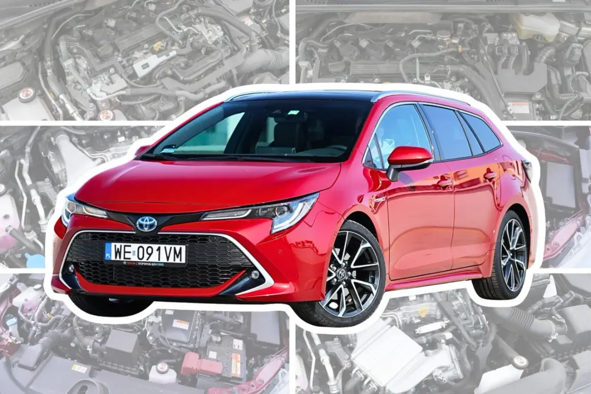 Czerwona Toyota Corolla kombi, nowszy model, z widocznym silnikiem w tle. Choć nie jest to model z 2005 roku, to pokazuje ewolucję tej popularnej Toyoty.