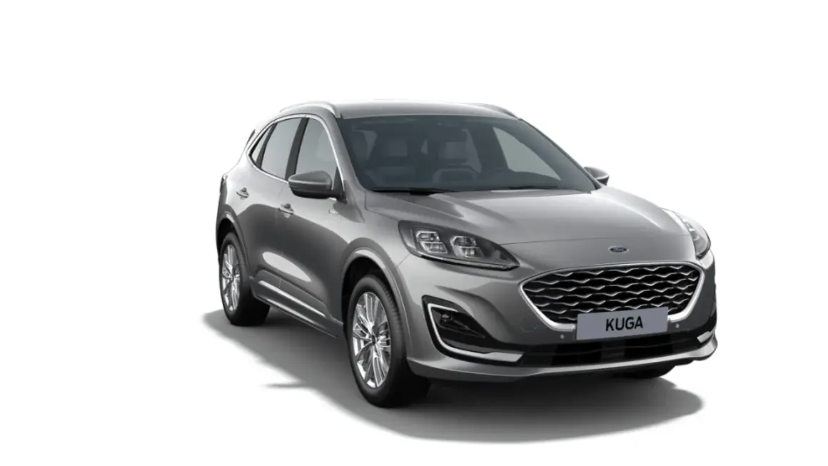 Szary Ford Kuga Vignale z przodu, na białym tle.