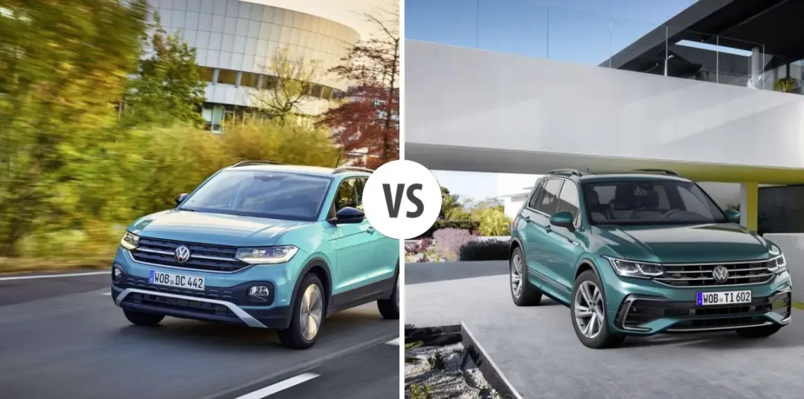 Dwa zielone SUV-y marki Volkswagen, jeden w ruchu, drugi zaparkowany.