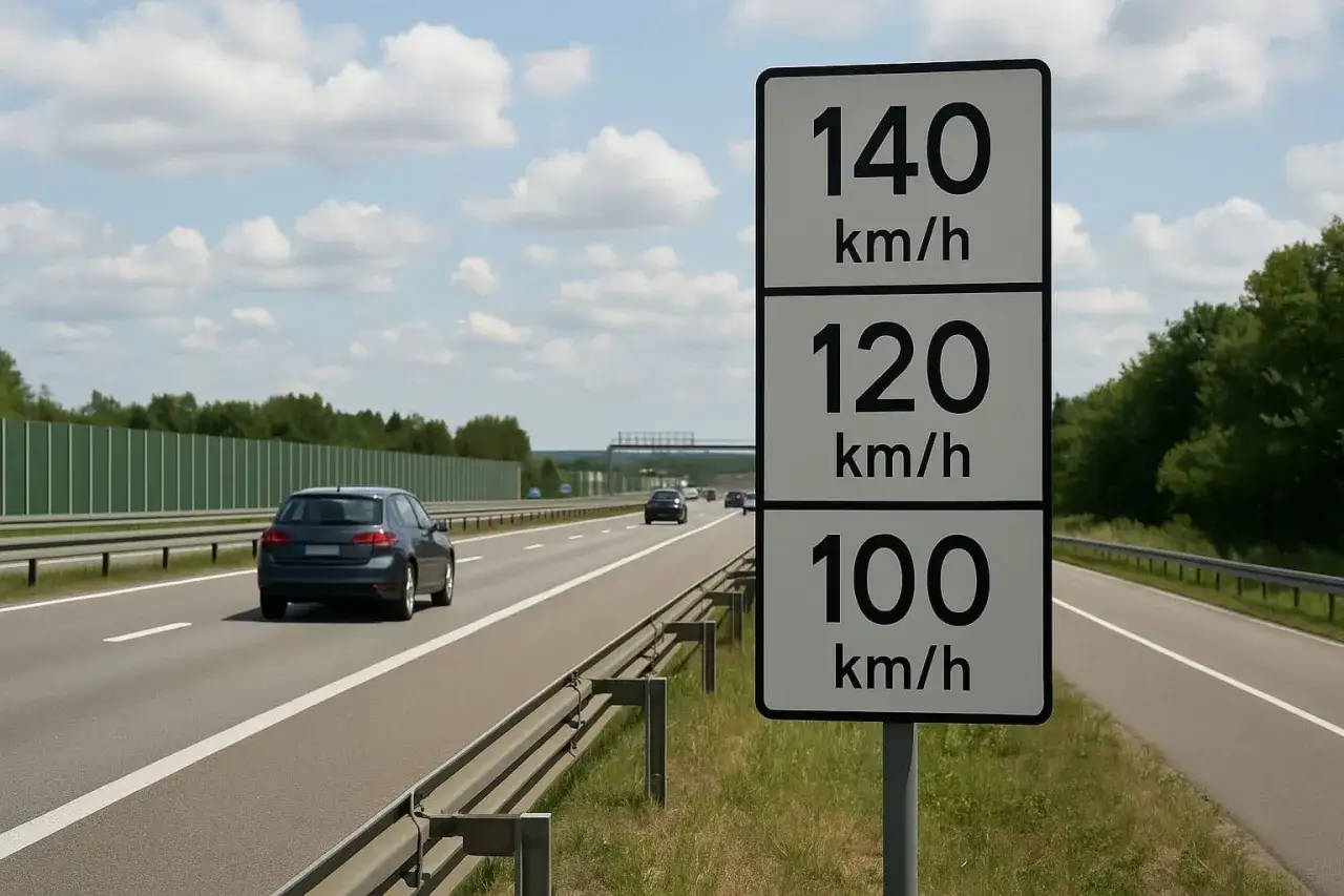 Znak drogowy na drodze szybkiego ruchu pokazuje ograniczenia prędkości: 140, 120 i 100 km/h. Samochód jedzie po pustej drodze.