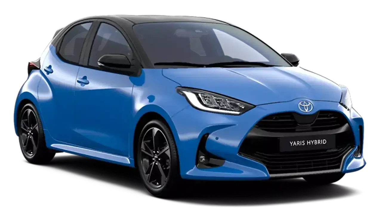 Niebieski Toyota Yaris 2025 z czarnym dachem, sportowym wyglądem i napisem 