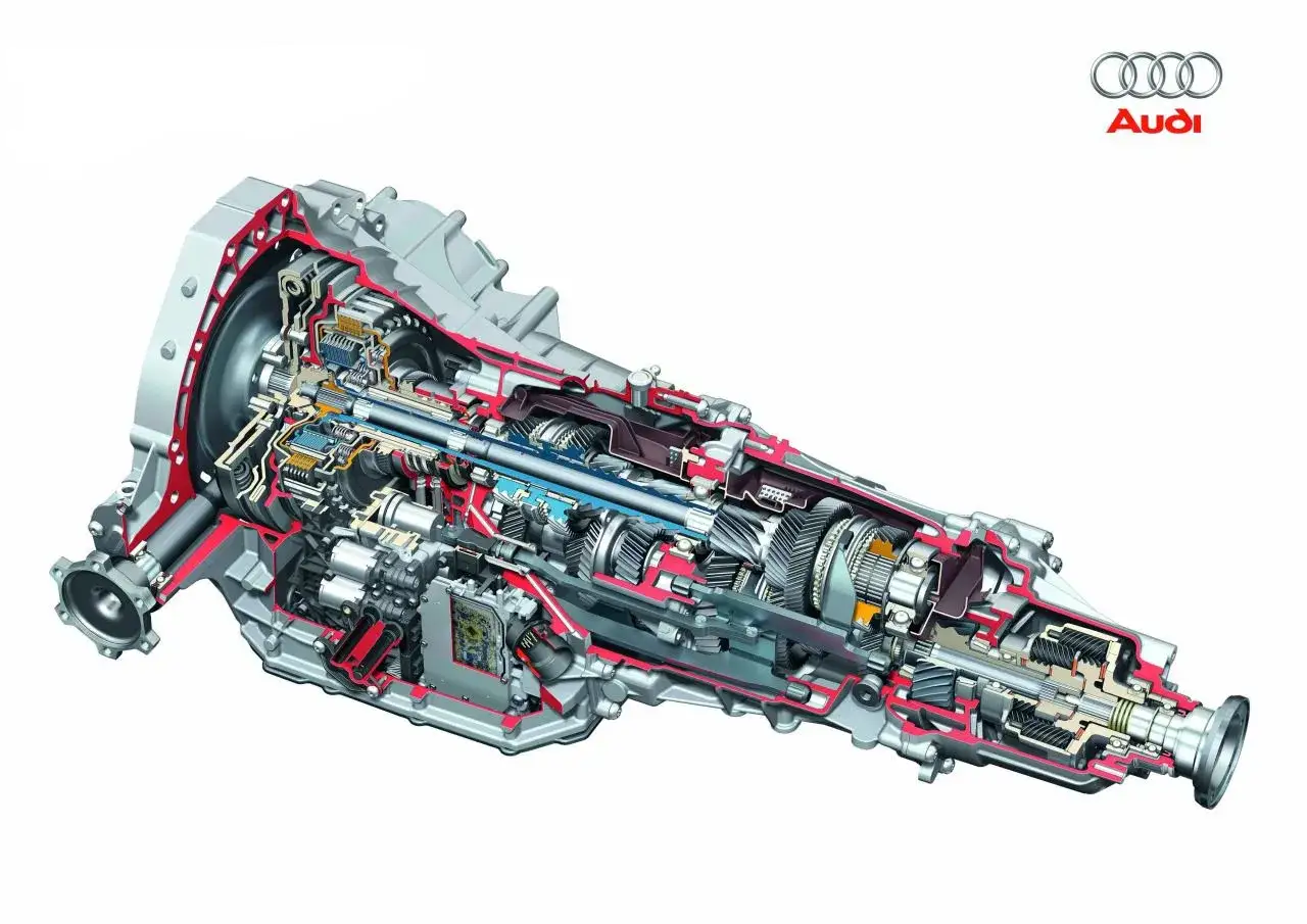 Przekładnia s tronic Audi w przekroju, ukazująca skomplikowane mechanizmy i zębatki.