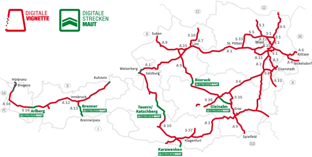 Mapa Austrii z zaznaczonymi drogami płatnymi. Sprawdź e-winieta Austria cena i gdzie kupić cyfrową winietę lub opłaty drogowe.