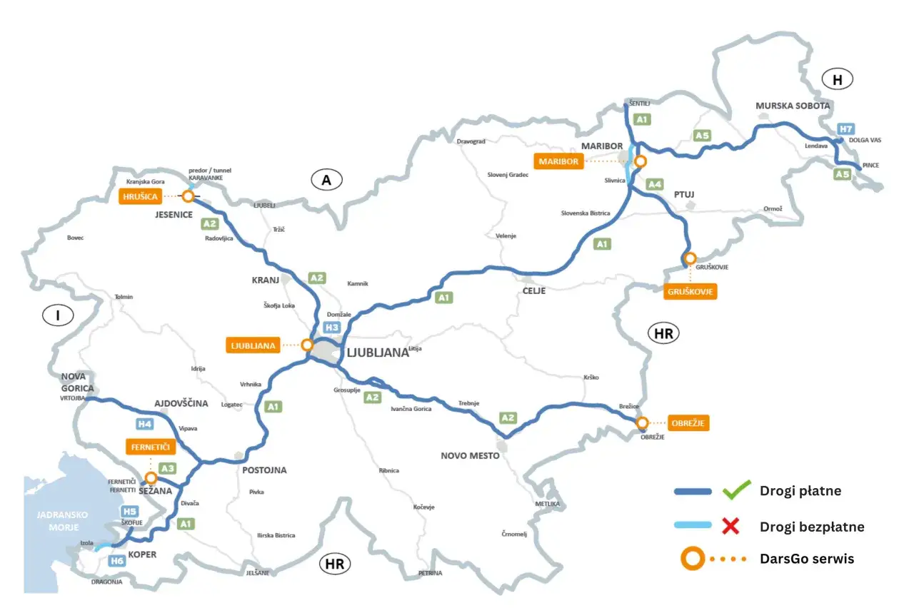 Mapa Słowenii z zaznaczonymi drogami płatnymi i bezpłatnymi, w tym winieta Węgry.