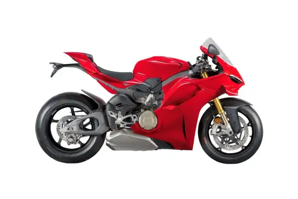 Czerwony motocykl Ducati Panigale V4, gotowy do wyścigu, z ostrymi liniami i sportowym designem.