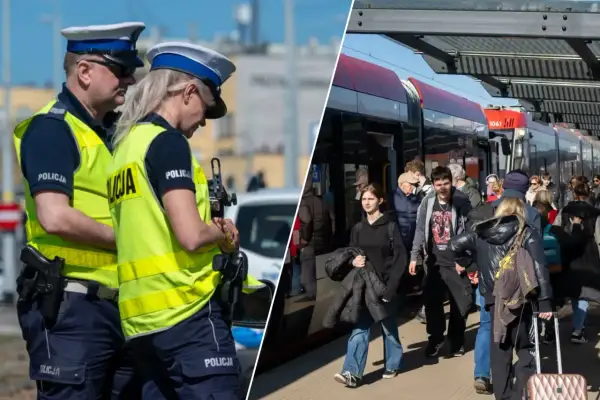 Policjanci w kamizelkach odblaskowych i tłum ludzi na przystanku tramwajowym.