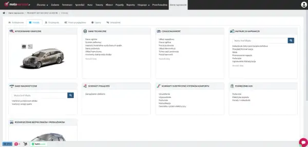 Panel z danymi technicznymi aut, zawierający moduły: Wyszukiwanie graficzne, Dane diagnostyczne, Dane techniczne, Czasochłonność, Instrukcje naprawcze, Schematy połączeń, Schematy elektryczne systemów komfortu, Podręczniki SOS.