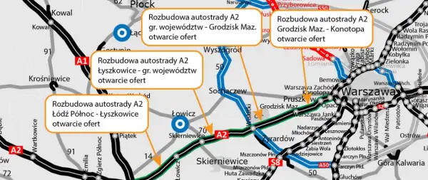 Mapa pokazuje rozbudowę autostrady A2 w okolicach Warszawy, Łowicza i Skierniewic.